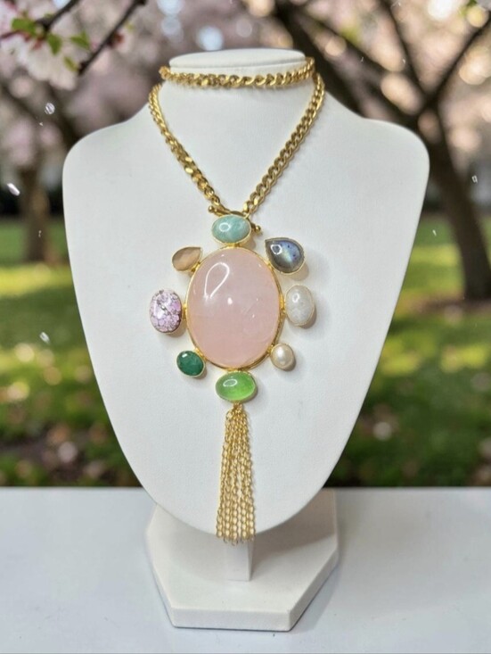 LeChic Jewelry Jewelry - 18k Gold Plated Artisan Rose Quartz Emerald Amethyst Pearl Amazonite Necklace